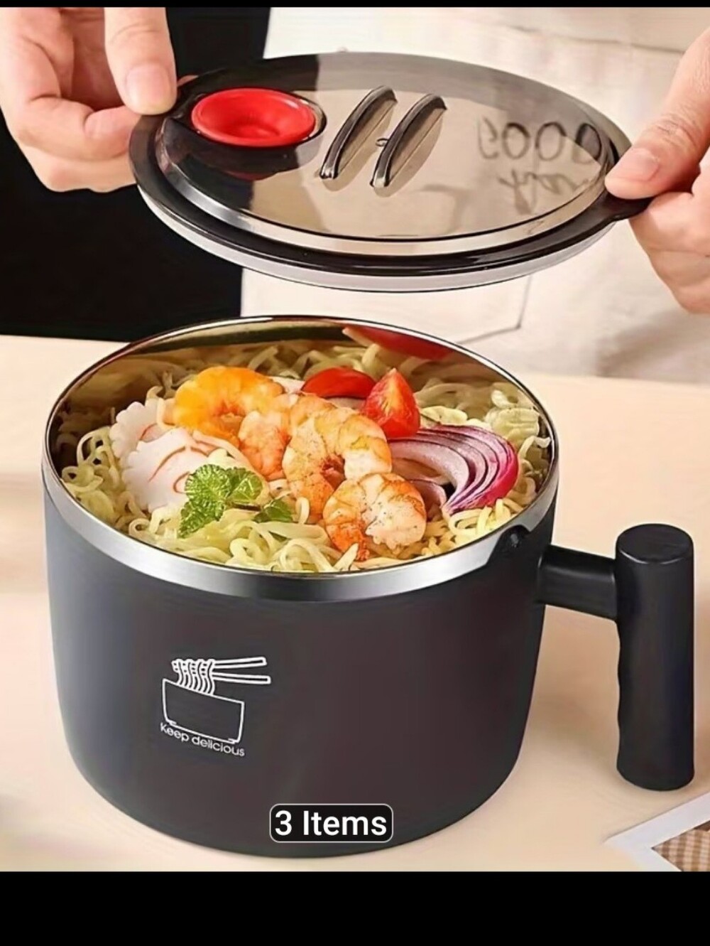 Black Stainless Steel Noodle Bowl with Handle and Steam Vent